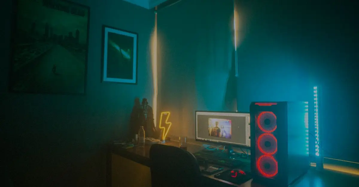 A desktop gaming PC in a room lit with teal and red lights